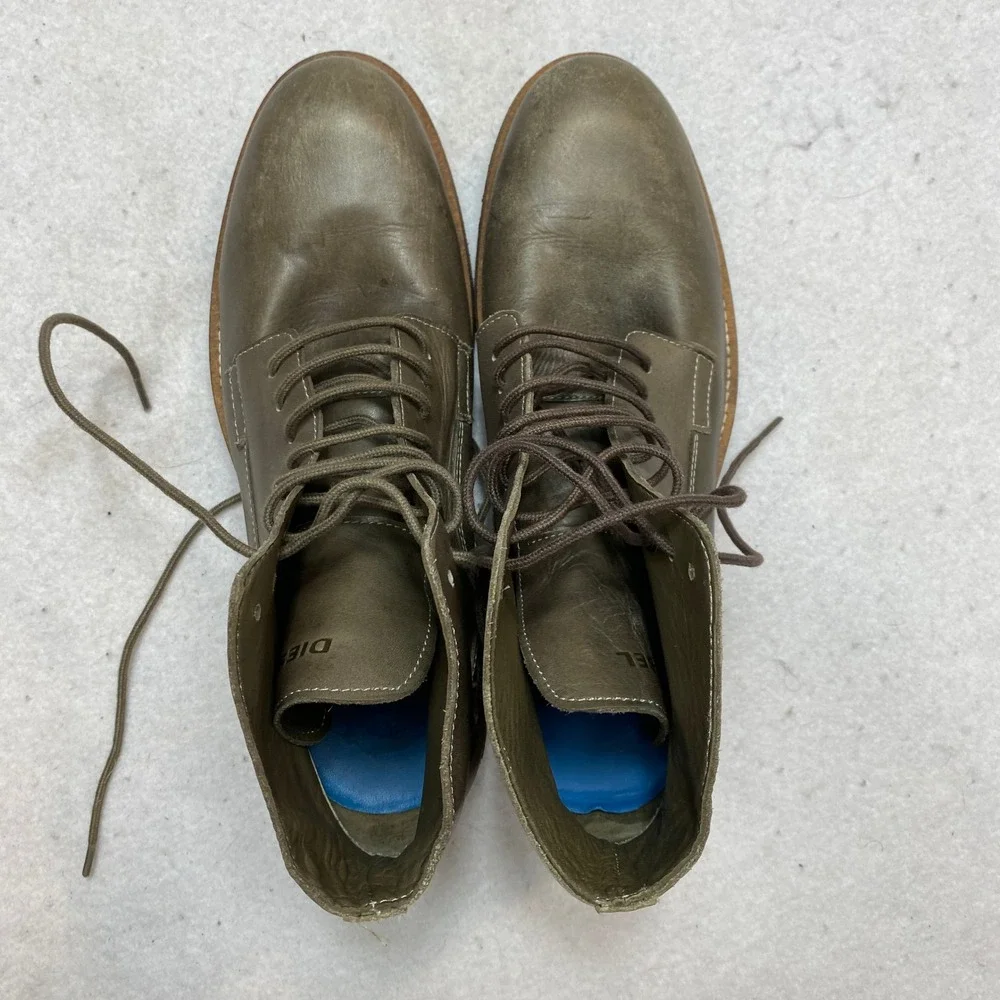 Diesel Leather Lace Up Boots Mens 43 Olive Green Distressed Combat Lug Sole
